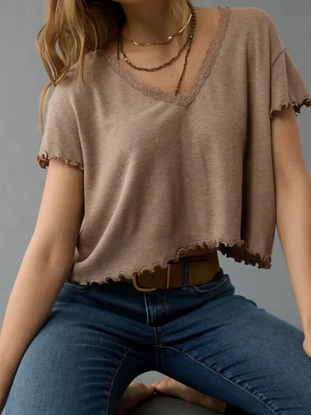 American Eagle Outfitters Cropped V-Neck Waffle Tee — Brown